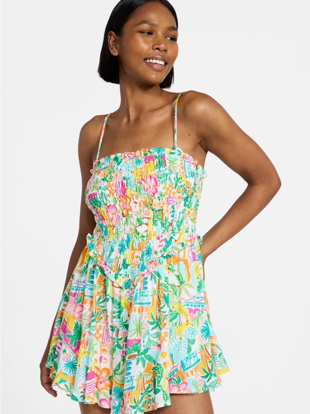 No Boundaries Tropical Floral Smocked Romper in White, Pink, Green, Yellow